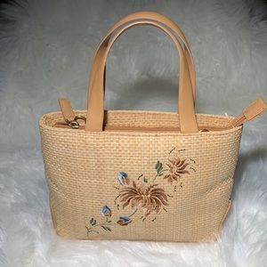 Aigner Floral Embroidery on Woven Paper Straw & Leather Handbag